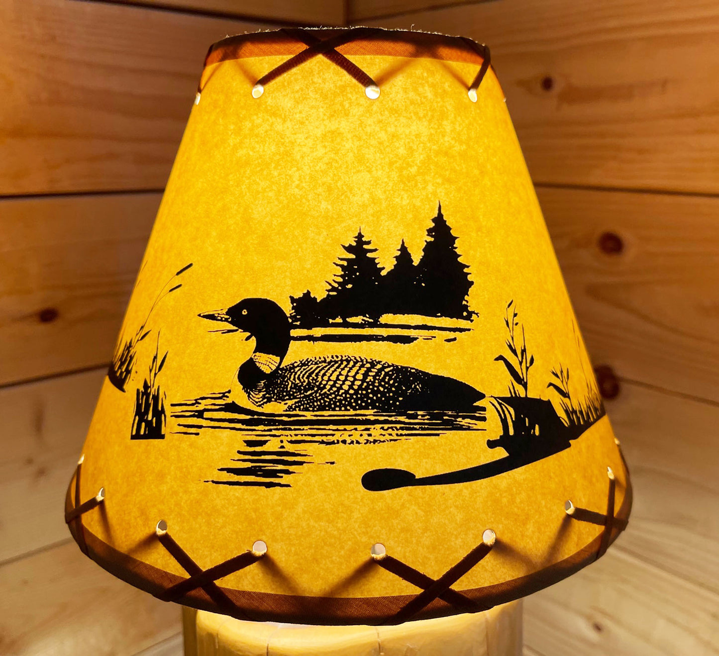 Rustic Oiled Kraft Clip-On Lamp Shade with Loon on Lake Design - 9"