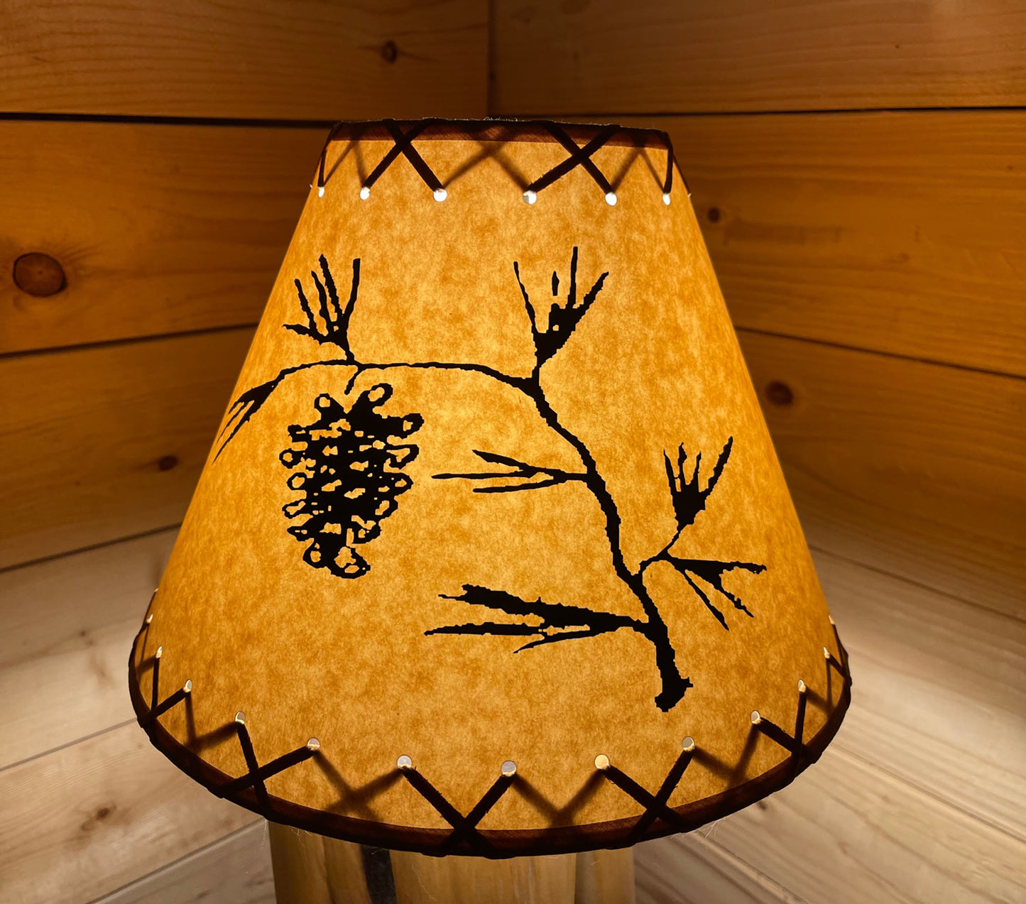 Rustic Oiled Craft Lamp Shade with Pine Cone Design - 12"