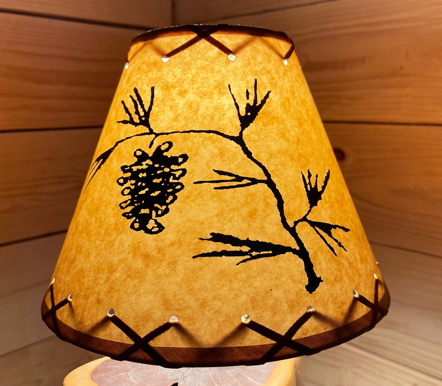 Rustic Oiled Kraft Clip-On Lamp Shade with Pine Cone Design - 9"