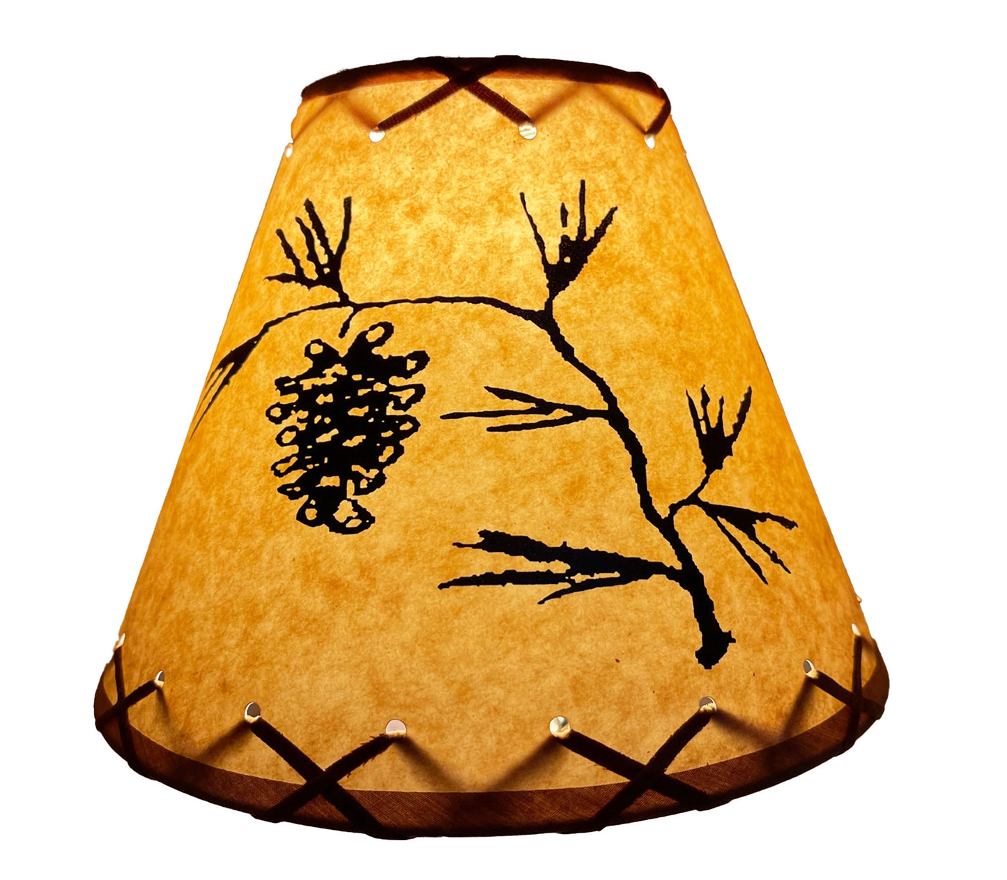 Rustic Oiled Kraft Clip-On Lamp Shade with Pine Cone Design - 9"